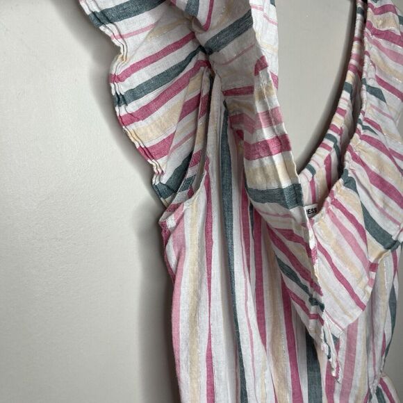 EXPRESS Top Women Small Striped Linen Cotton Crop Blouse Ruffle Sleeveless - Picture 3 of 11
